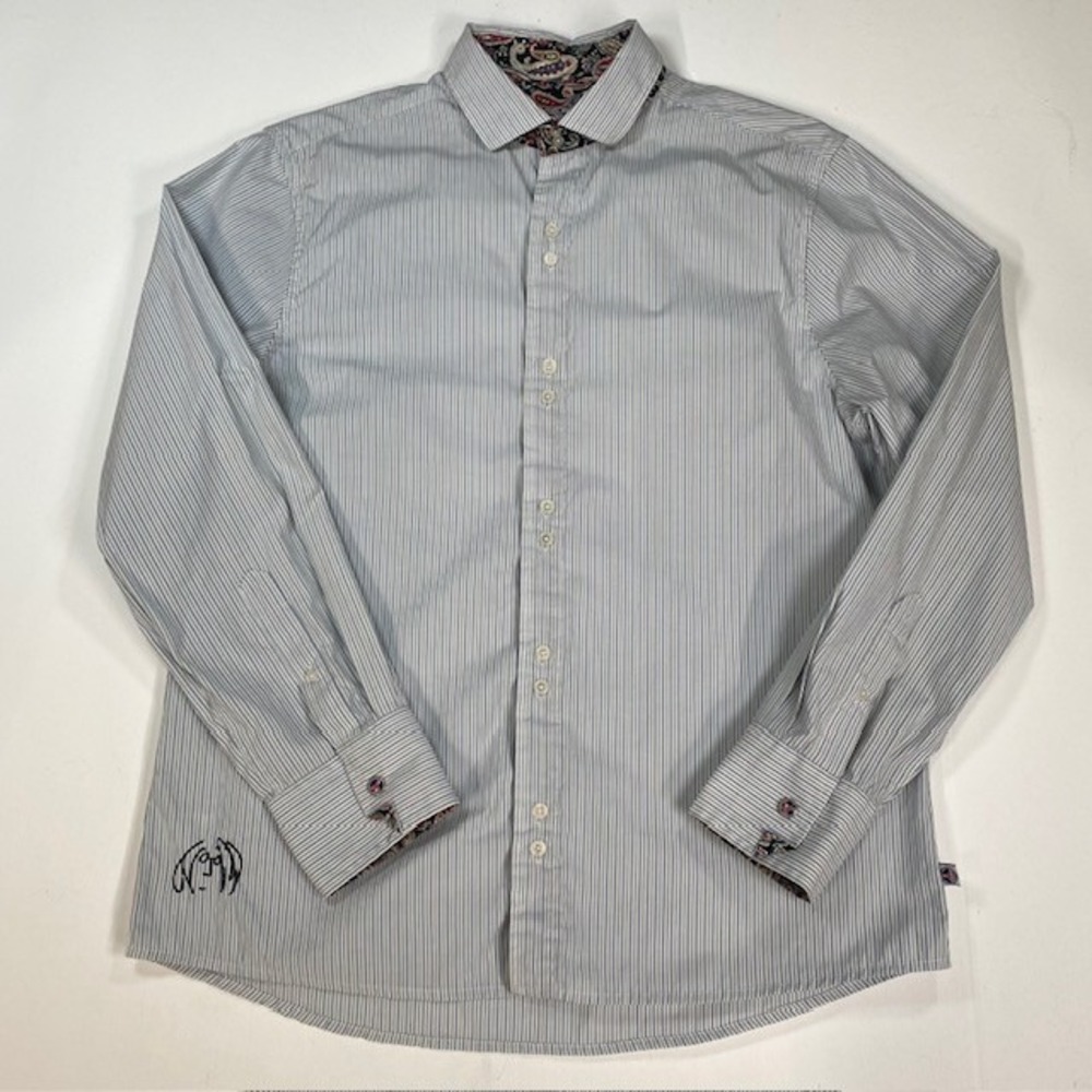 John Lennon Mens Dress Shirt XL‎ Blue Pinstripe Paisley Flip Cuff Button Down